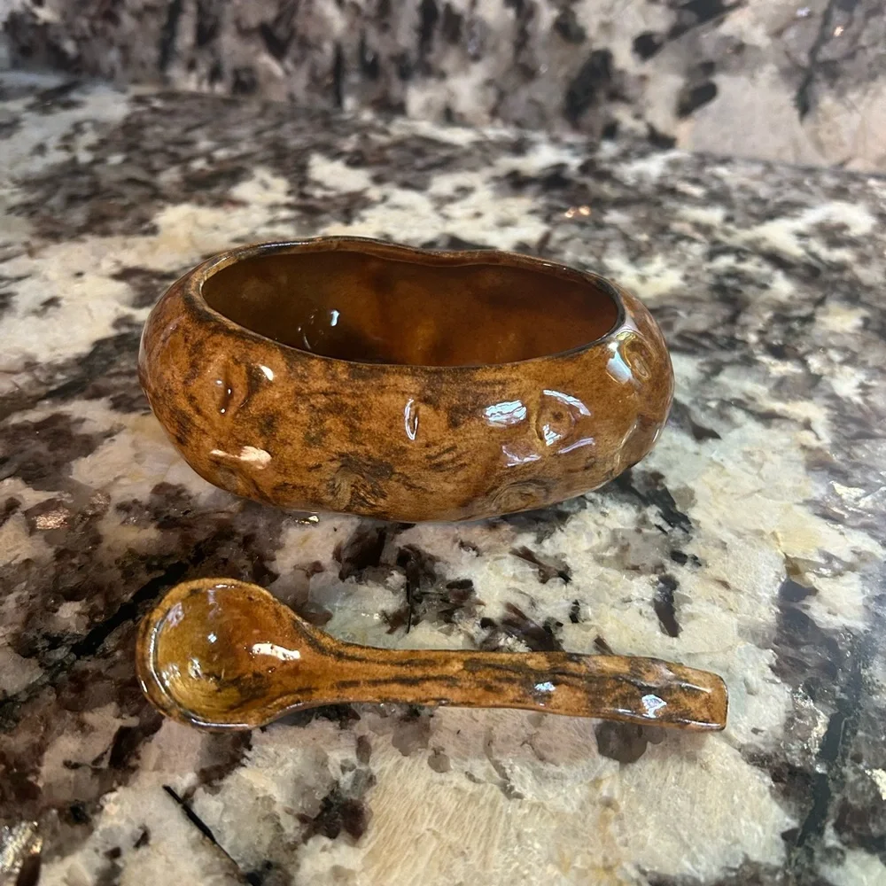 Hand made saucer and spoon pottery Brown Minimalist‎ MC Signed